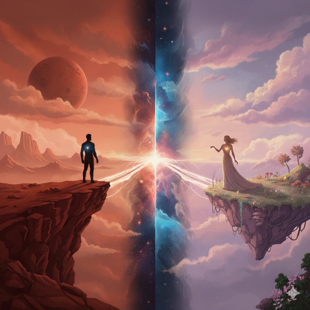 Sombra de hombre y mujer con el universo de fondo